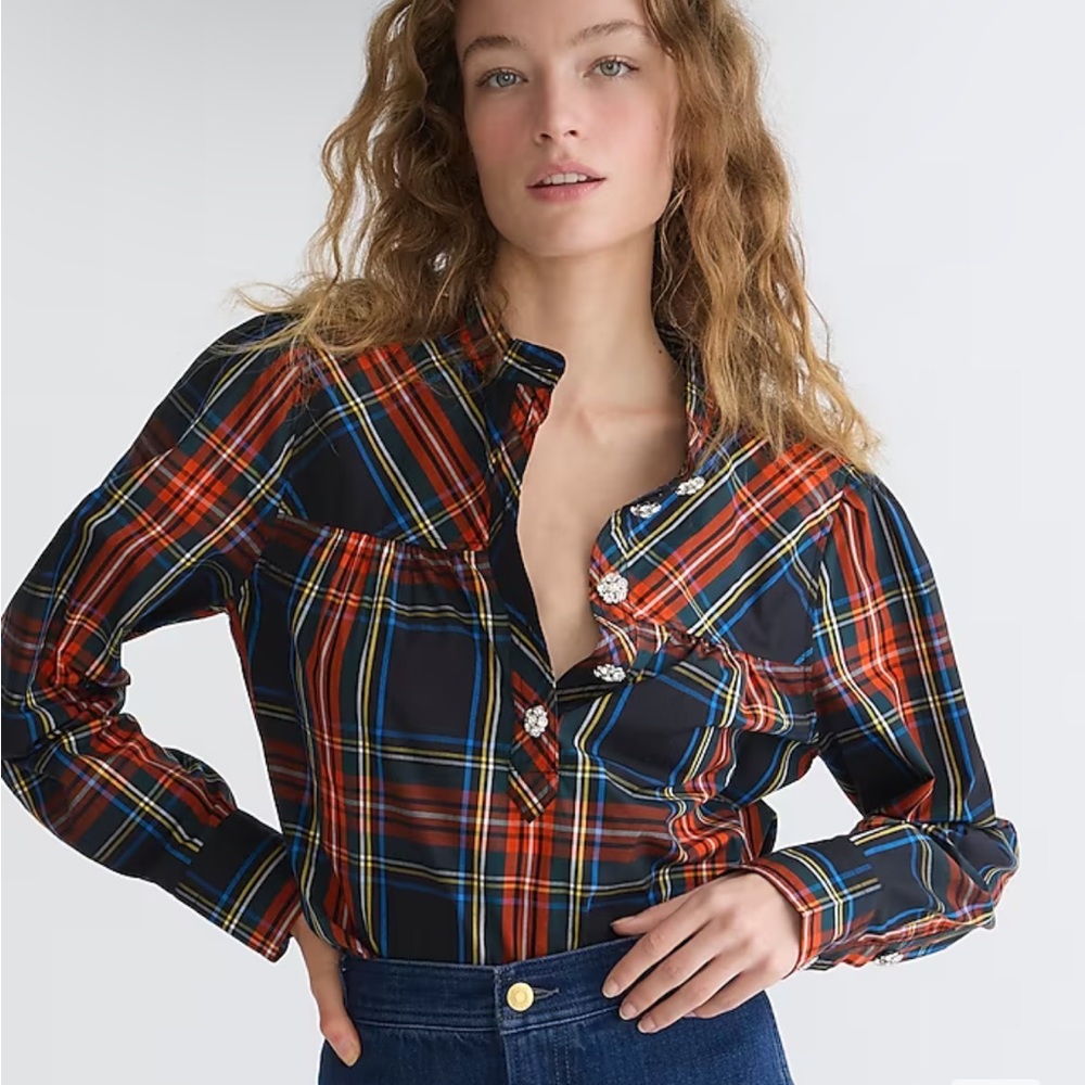 J.Crew Fresco top with jewel buttons in Stewart tartan